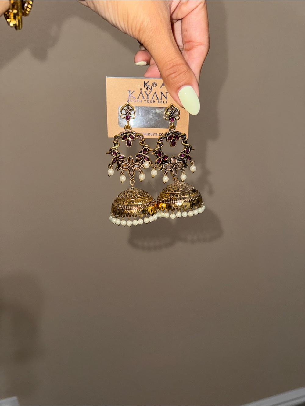 Gold-Tone Purple & White Jhumka Earrings